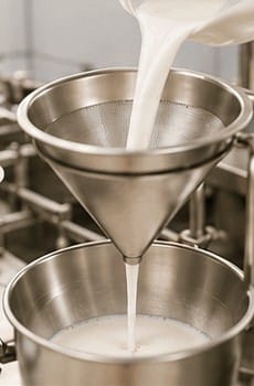 Milk poured through a stainless steel filter