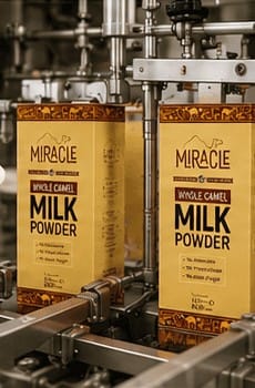 Camel milk powder cartons on a packaging line