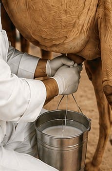 Worker collecting camel milk in a stainless steel bucket